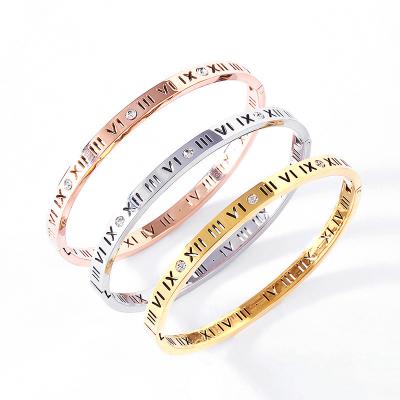 China Fashion Jewelry Roman Numbers Hollow Out Crystal Stainless Steel Bangle Bracelet Lead Free Nickel Free Accessories For Women for sale