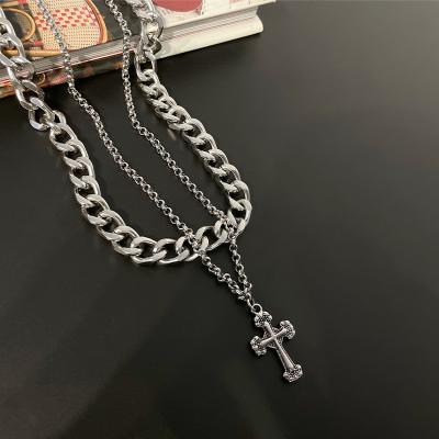 China Lead Free Nickel Free Multi Layers Charm Jewelry Hip Hop Chain Stainless Steel Cuban Cross Pendant Necklace Accessories For Women for sale