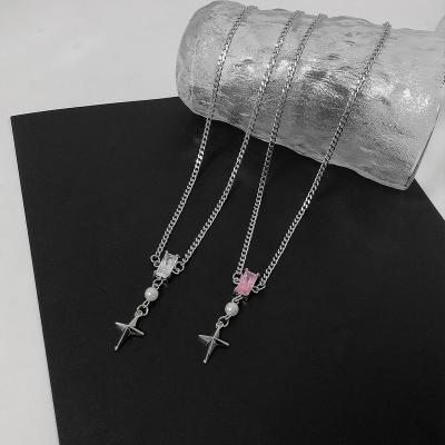 China Lead Free Nickel Free Stainless Steel Fine Cuban Cross Chain Zirconia Jewelry Necklace Tassel Pendant Accessories For Women for sale