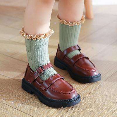 China 6 Colors Sporty Candy Soft High Quality Combed Cotton Baby Socks Ribbed Crew Boot Lace Ruffle Baby Kids Girl Socks for sale