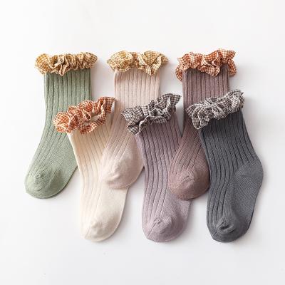 China Sporty High Quality Cute Combed Newborn Baby Kids Girl Lace Ribbed Band Solid Color Cotton Newborn Socks for sale