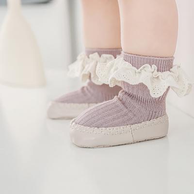 China QUICK DRY Indoor Soft Soled Child Flooring Bumps Princess Pink Ruffle Anti Slip Handle Toddler Girl Baby Shoe Soft Socks for sale