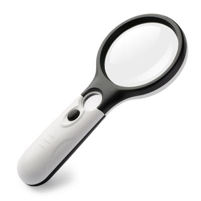 China 3X/45X Reading Magnifier Plastic 3 LED Light 3 X 45X Lamp Jewelry Magnifier White And Black Handheld Magnifier for sale