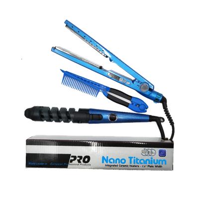 China Nano Ceramic Flat Iron 3pc Hair Straightener and Curling Iron 11/4 In 1 Styler Tool Kit Titanium Ceramic Hair Comb for sale