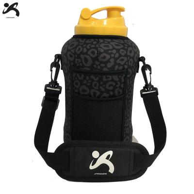 China New Design Insulated Leopard Insulated Neoprene 2.2 L Gallon Gym Sports Water Bottle Case Sleeve Bag With Phone Holder With Shoulder Strap for sale