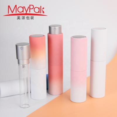 China Custom Empty Twist Up 8ml 10ml Round Aluminum Body Mini Perfume Hand Sanitizer Disinfectant Glass Refillable Mist Spray Bottle for sale