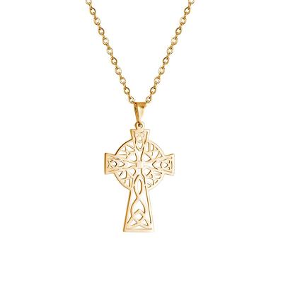 China 2021 Vintage Religious Hollow Celtics Cross Stainless Steel Jewelry Talisman Cross Pendant Christian Necklace 18K Gold Plated for sale