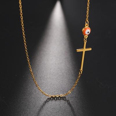 China Vintage Hot Selling Cross Pendant Necklace With Evil Eyes Charm Religious Stainless Steel Men Vintage Jesus Necklace Jewelry For Women for sale