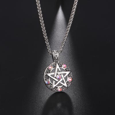 China Vintage Viking Jewelry Stainless Steel Mens Necklaces Supernatural Zircon Cut Hollow Pentagram Pendant Necklace for sale