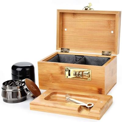 China Combo Accessories Handmade Stash Box Locking Bamboo Box Kit With Shredder Glass Stash Jar Bamboo Box With Lock for sale