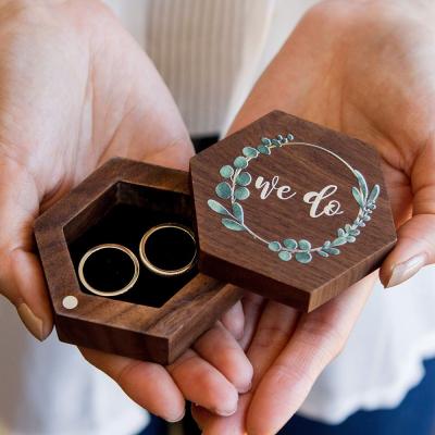 China Handmade Rotating Hexagon Ring Box Wood Ring Box for Wedding Ceremony Ring Bearer Box for sale