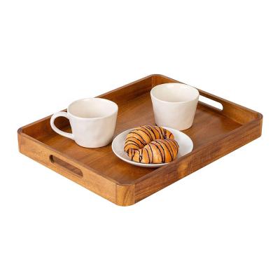 China Acacia Serving Tray Natural Wood Acacia Wood Style Home Large Serving Tray Breakfast Lunch Serving Tray with Handles for sale