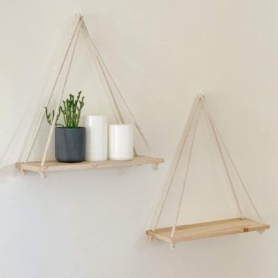 China Retro And Nostalgic/Old Moredn Simple Design Flower Pot Plant Wall Hanging Swing Rope Furniture Nordic Home Decoration Wooden Tray Mounted Floating Wall Shelves for sale