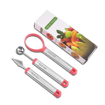 China Sustainable 3pcs Set Stainless Steel Fruit Carving Decoration Tools Hollow Ball Tool Gift Box for sale