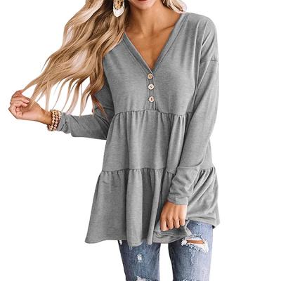 China Women Breathable V Neck Long Sleeve Button Up Casual Loose Ruffle Peplum Blouse Tops for sale