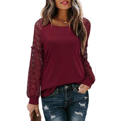 China Fashion Hollow Breathable Lace Stitching Long Sleeve Tops Round Neck Solid Color Casual Blouse For Women for sale