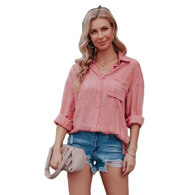 China Breathable Chiffon Striped Jacquard Shirts Long Sleeve Shirt Women Lapel Straight Cardigan Top for sale