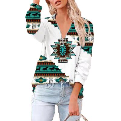 China New Breathable Casual Loose Solid Color Zipper V-neck Tops Fashion Loose Ethnic Style Long Sleeve T-shirt Geometric Print Top for sale