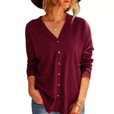 China Anti-wrinkle Women's Solid Color V-Neck Button Long Sleeve Knitted Sweater Cardigan Tops Autumn Winter Women Clothing for sale