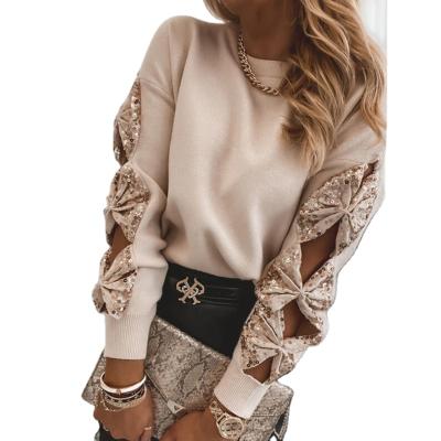 China Ladies QUICK DRY Stylish Sweaters Solid Lace Sequin Patchwork Long Sleeve Pullovers Shape O-neck Bow Hollow Tops Women Casual Sweater for sale