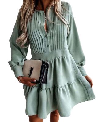 China Autumn New Fashion Solid Dresses Workable Pleated Lantern Sleeves Button Casual Skirt Loose Dress for sale