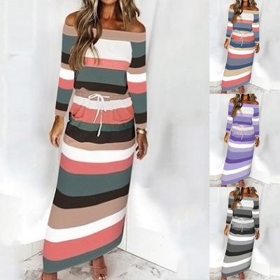 China New Product Breathable One-Shoulder Striped Drawstring Long Sleeve One-Piece Dress for sale