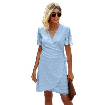 China Solid Color Breathable V Neck Women Short Sleeve Dress Lace Up Polka Dot Print Casual Loose Dress Summer Mini Dresses Fashion for sale