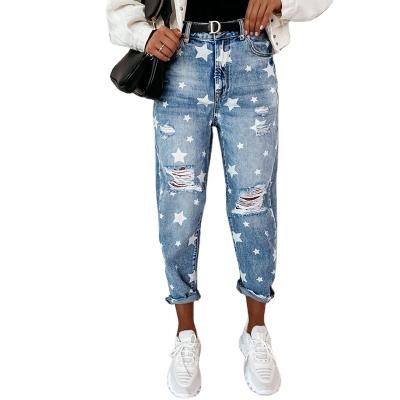 China New viable Pentagon jeans women s leisure straight barrel ripped jeans loose high waist star pants printed elastic pants for sale