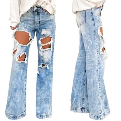 China Breathable Women's High Waist Denim Ripped Jeans Destroyed Pants Distressed Loose Pants for sale