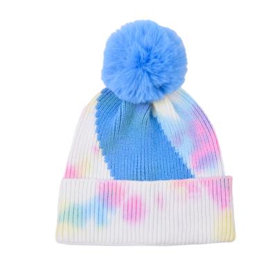 China COMMON Link Dye Print Knit Hats Beanie Winter Fur Pompom Hats For Women Fashion Hip Hop Hats Wool Knitted Cowls Skullies for sale