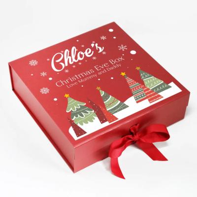 China Recycled Materials Customized Logo Paper Cardboard Christmas Basket Packaging Eve Gift Boxes Christmas Box With Ribbon for sale