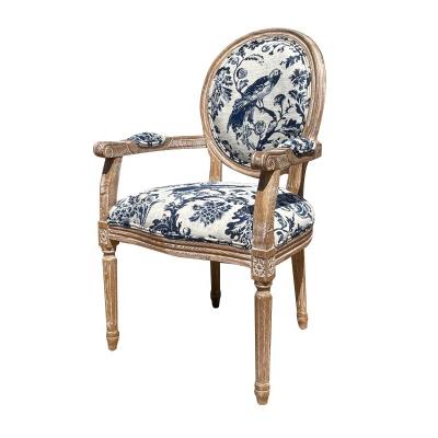 China OAK& French style DE TOILE Louis Arm Chair Linen Upholstered round wooden antique wedding restaurant back home bar use dining chair for sale