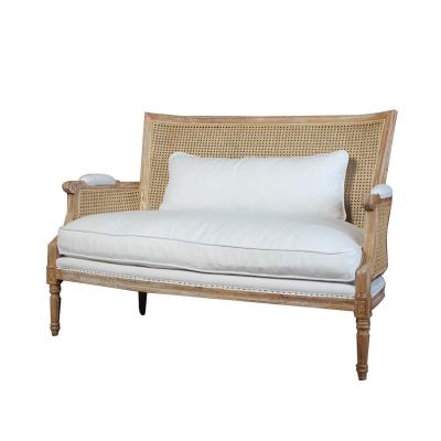 China Extended Rental Furniture Sofa Antique Cane Back Wooden French Country Style Wedding Event Upholstered Sofa 3 Seater for sale