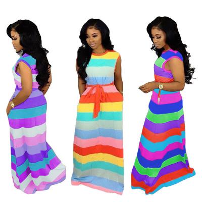 China 2022 Sexy Print Sleeveless Striped Women O-neck Maxi Fashion Ladies Anti-Static Wholesale Dresses (M6186) for sale