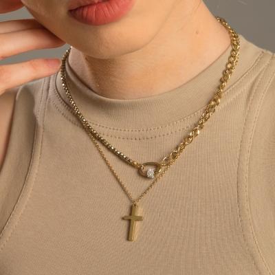 China Zyo TRENDY Jewelry 18K PVD Gold Plated Stainless Steel Beads Double Cross Layered Chain Necklace for sale