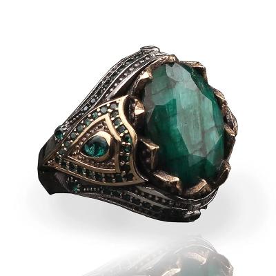 China Emerald Stone Mens Ring Handmade CLASSIC engraved Turkish Ring with Natural Emerald Stone for sale