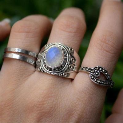 China CLASSIC Wide Band Bohemia Style Ring Natural 925 Sterling Silver Vintage Moonstone Gemstone Ring for sale