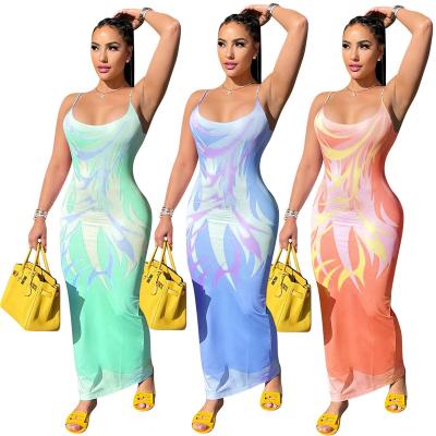 China 2022 Summer Vacation Beach Breathable Sexy Suspenders Slim Fit Printed Long Dress For Women for sale