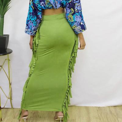 China New 2021 Fashionable Casual Fashionable Ladies Autumn Skirts Women Autumn Clothing Woman Easy Matching Tassel Green Long Maxi Skirt for sale