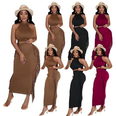 China Sexy Washable Summer Plus Size Women Bodycon Skirt Crop Backless Sleeveless Tank Full Tees Camisole Tassels Trim 2 Pieces Set for sale