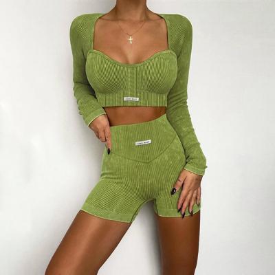 China 2022 New Arrivals Women Sports Washable Solid 2 Piece Matching Long Sleeve Cropped Top Short Sets for sale