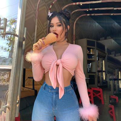 China New Summer Breathable Women Fashionable Sexy Bow Long Feather Sleeves Streetwear Crop Top For Hot Ladies for sale