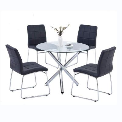 China Modern Modern Silver Transparent Tempered Glass Dining Room Furniture Round Top Dining Table Set 4 Chairs for sale