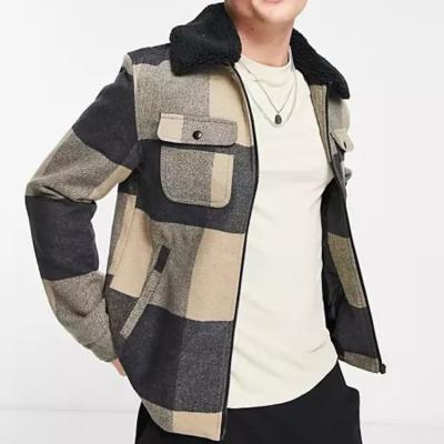 China Men Winter Plaid Sherpa Collar Casual Trucker Black Beige Streetwear Widespread Oversized Windproof Jacket for sale