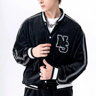 China Black Baseball Windproof Letter Patched Stripe Trim Velvet Custom College Bomber Plus Size Jacket for sale