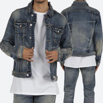 China Custom unisex afety pins tied design 100% cotton washed blue crop denim jacket custom men for sale