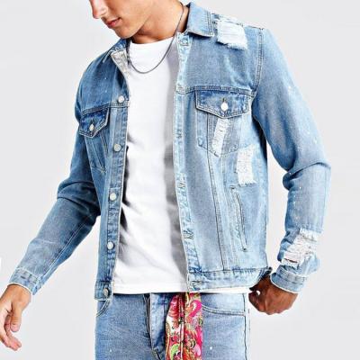 China New Fashion Windproof Custom Plus Size Loose Lattice Blue Washed Coat Ripped Denim Jacket For Men for sale