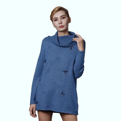 China Anti-wrinkle new arrivals ladies turtle hood neck ribbed cable knit long blue sweater plus size women's sweater for sale