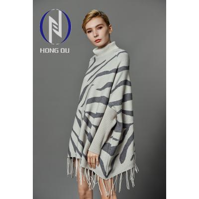 China Factory sale plus size turtle neck zebra upper jacquard knitted tassel women sweater for sale