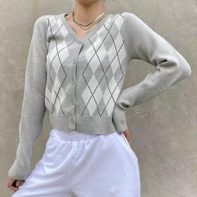 China Anti-Wrinkle New Arrivals Single Breasted Plaid Long Sleeve Knitted V-Neck Women Cardigan Sweater for sale